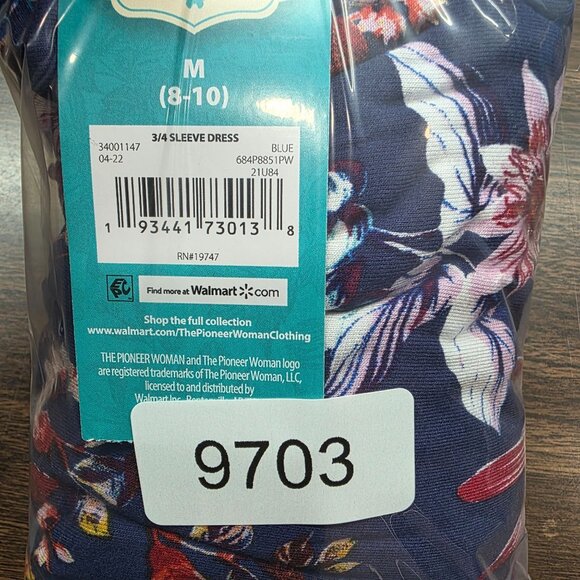 The Pioneer Woman Blue Floral 3/4 Sleeve Dress Rayon Spandex Blend M (8-10) - Picture 10 of 10